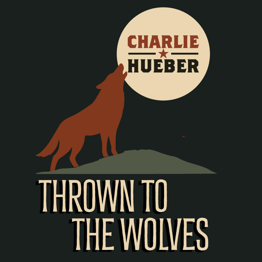 Moody, high-contrast cover art for Thrown to the Wolves by Charlie Hueber, using charcoal black, dusty gold, and deep red brand tones.